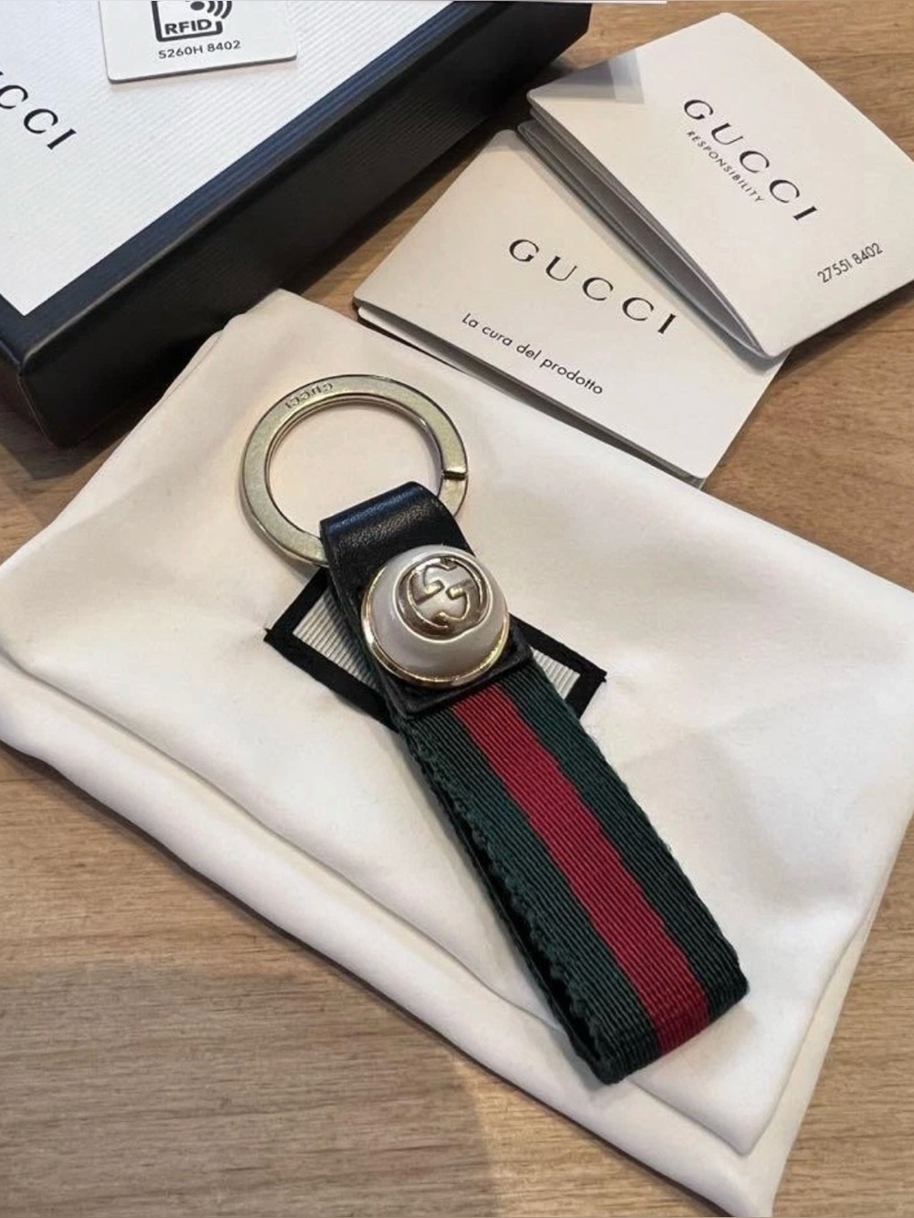 Gucci Green and Red Web Nylon Key Ring full inclusion Dustbag, box and receipt